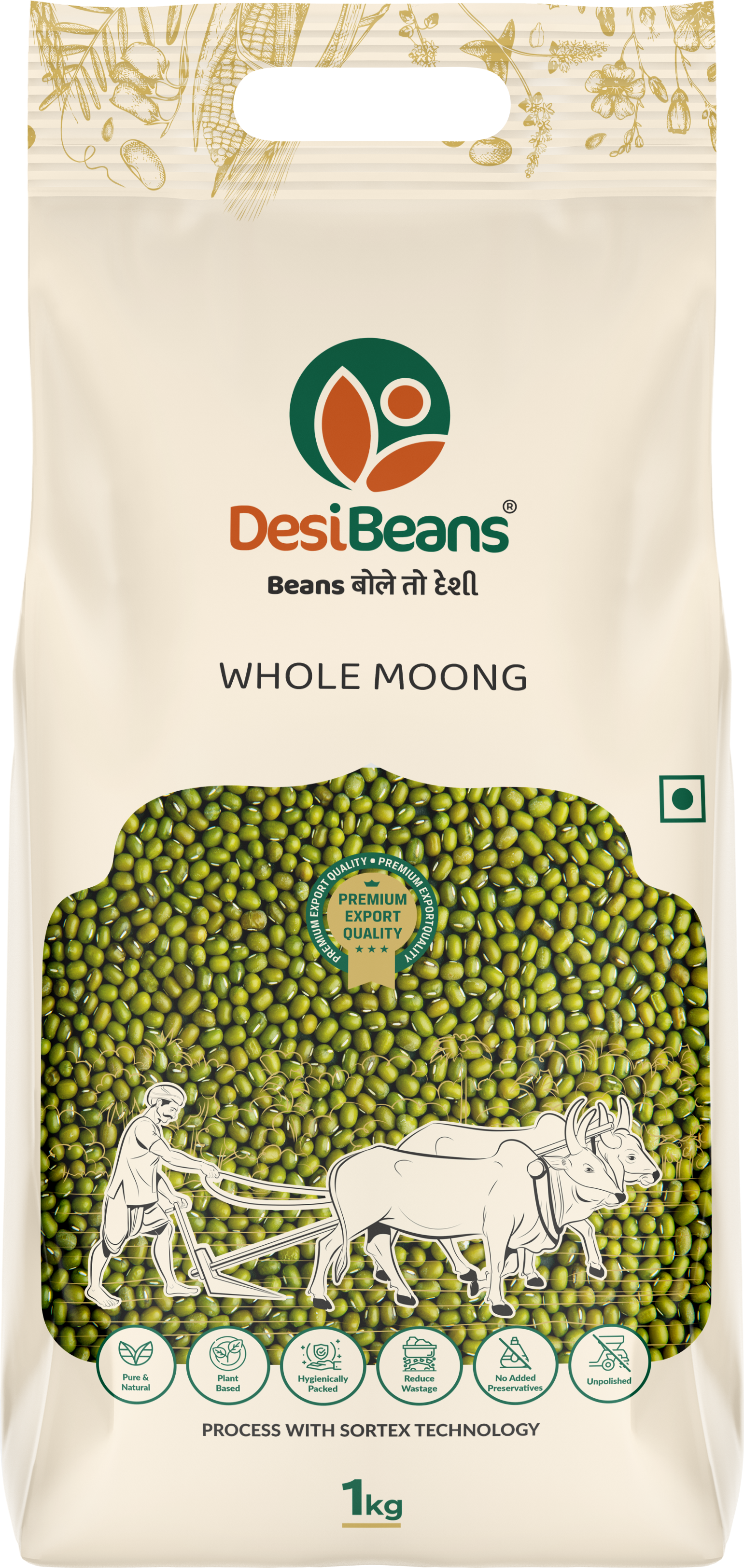 DesiBeans Whole Moong, 1kg - Green Moong Whole | Sabut Gluten Free | Pure & Unpolished | Protein-Rich & Wholesome | Healthy Pulses